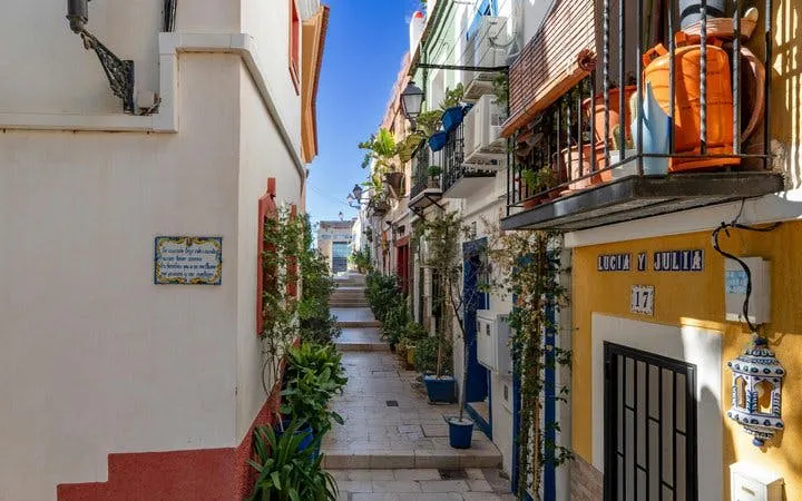 Narrow street in Alicante with colorful buildings and potted plants, part of self-guided walking tour.