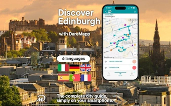 Edinburgh skyline with mobile app map for self-guided walking tour.