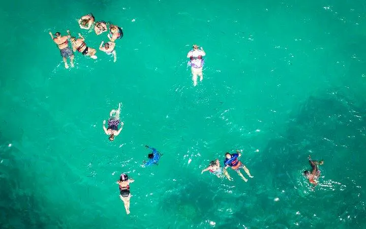 Snorkelers enjoying clear waters during Punta Cana catamaran cruise at natural reserve.