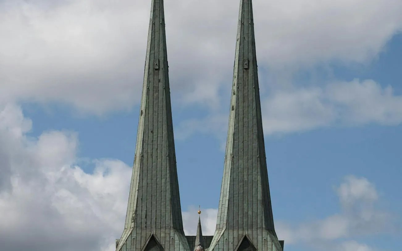 Twin spires of St. Nicholas Church in Berlin's Nikolaiviertel district.