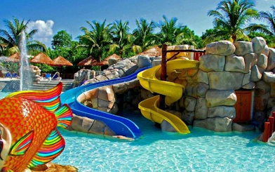 Water slides and pool at Splash Jungle Water Park, Phuket.