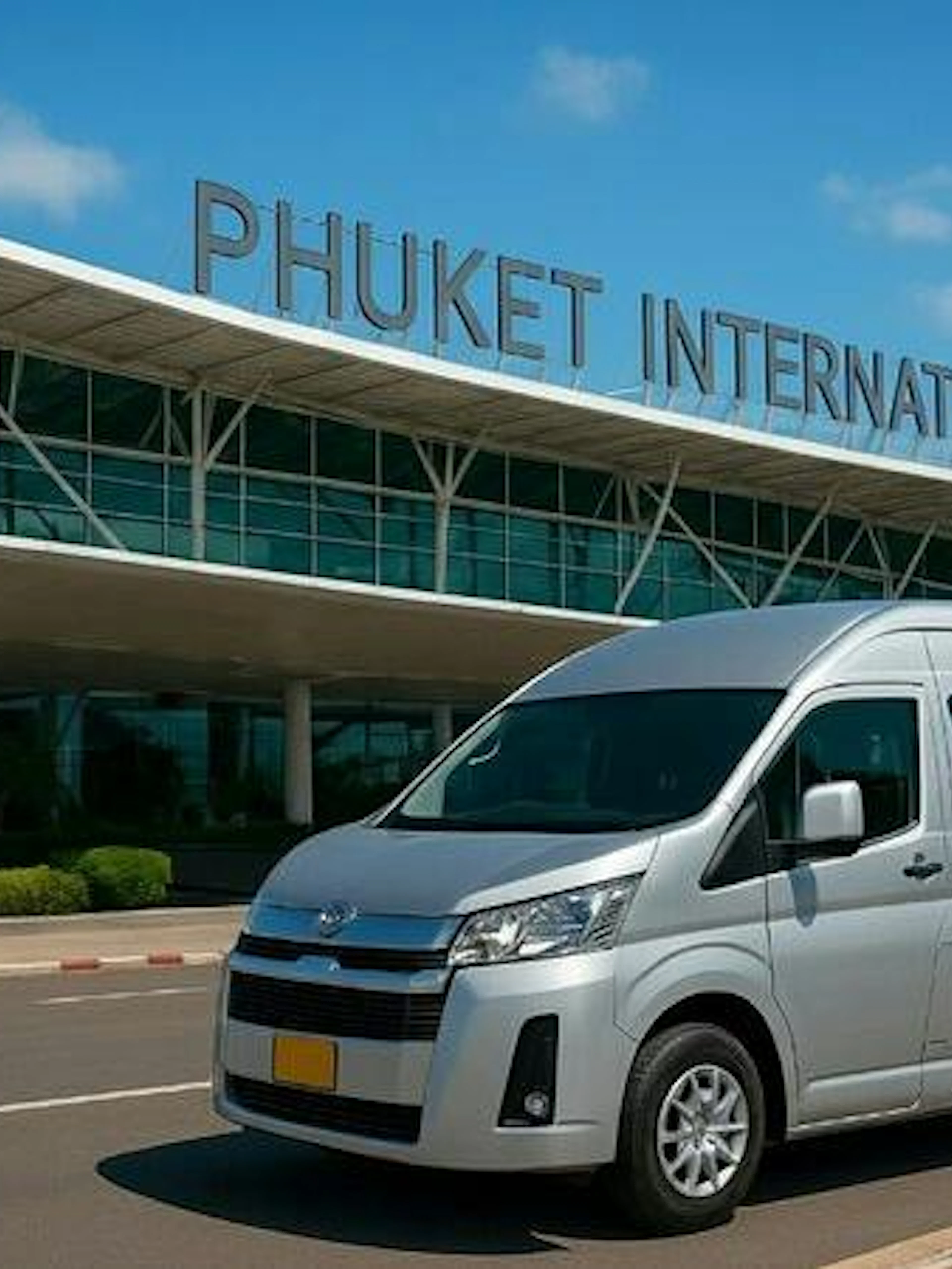 Phuket International Airport entrance with a van for fast-track immigration service.