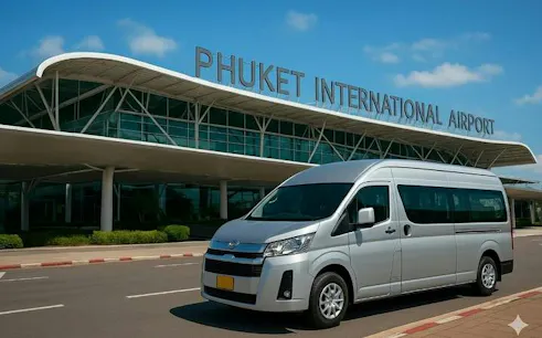 Phuket International Airport entrance with a van for fast-track immigration service.