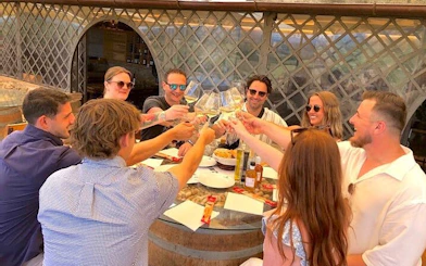 Group toasting wine at a table during Tuscany wine tour with San Gimignano visit.