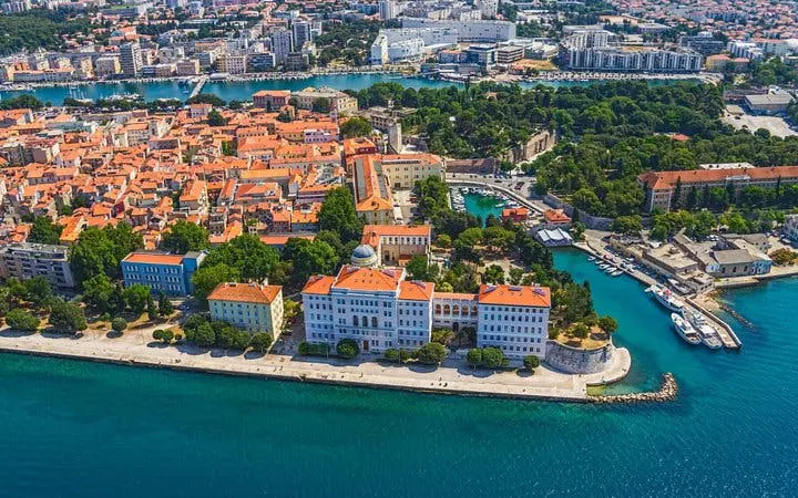 Aerial view of Zadar's historic old town and waterfront, Croatia.