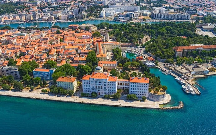 Aerial view of Zadar's historic old town and waterfront, Croatia.