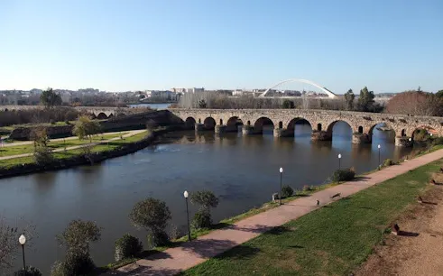 Roman bridge over the Guadiana River in Mérida, Spain, seen on a self-guided walking tour.