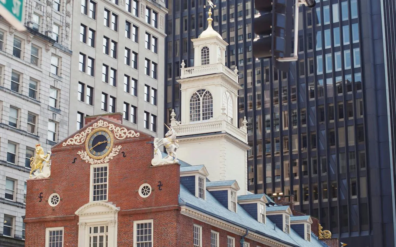 Old State House on Boston Freedom Trail, historic brick building with clock tower.