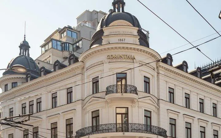 Historic Corinthia building facade on Calea Victoriei, Bucharest Old Town walking tour.