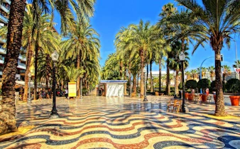 Palm-lined promenade in Alicante, Spain, featured in self-guided walking tour app.
