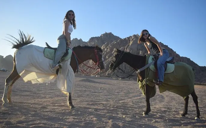 Horseback riders in desert near Red Sea at sunrise, Hurghada tour.