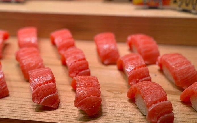 Sushi pieces on display at Kyoto's Nishiki Market during a private tasting tour.