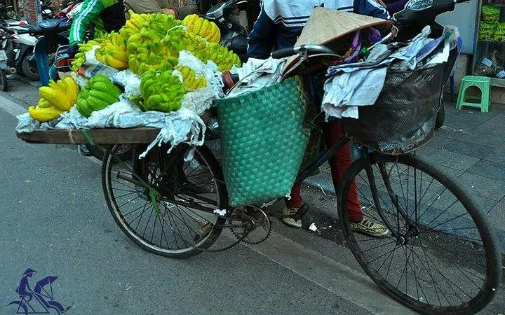 Bicycle vendor selling bananas in Hanoi's Old Quarter street.