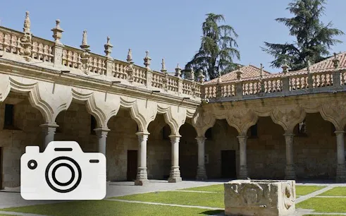 Courtyard of the University of Salamanca with ornate arches and stone carvings.