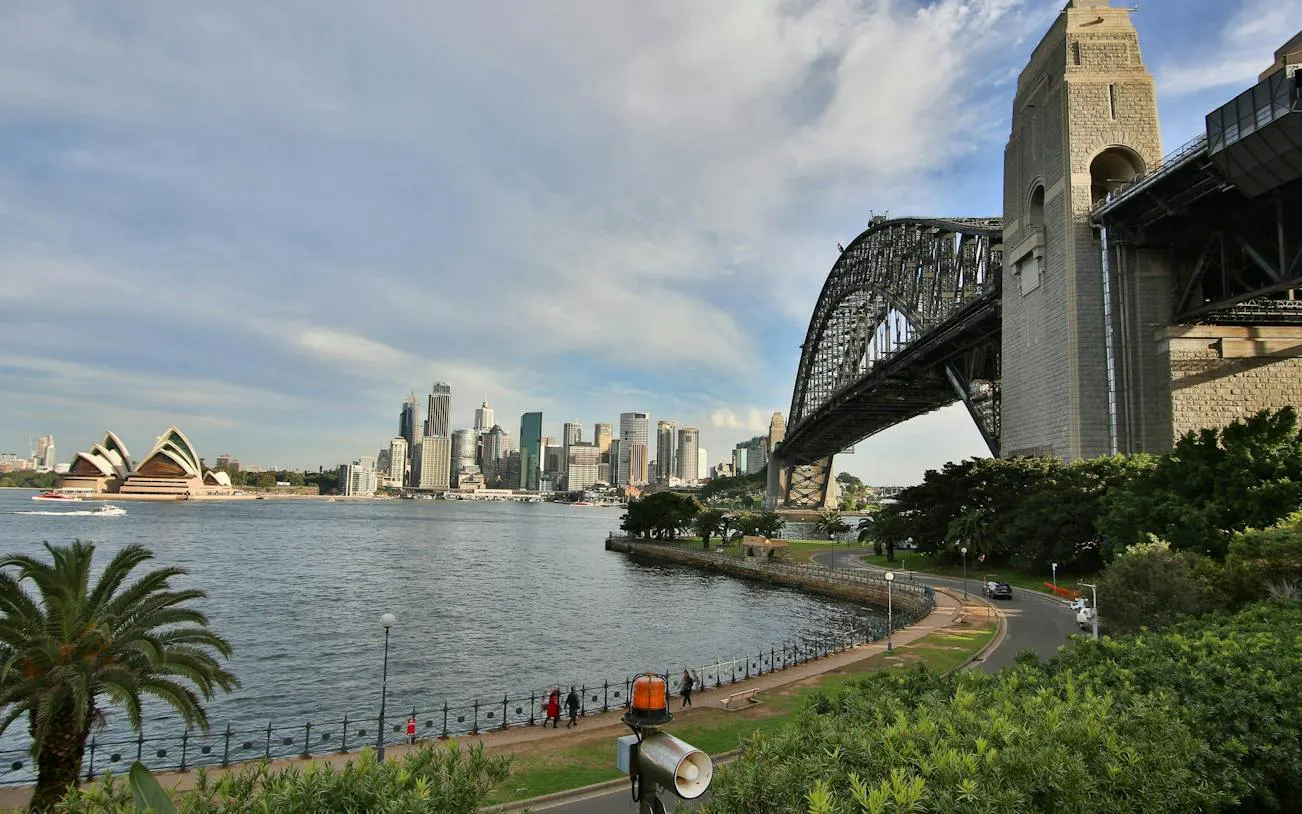 Sydney Harbour Bridge and Opera House viewed from The Rocks, Sydney.