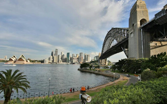 Sydney Harbour Bridge and Opera House viewed from The Rocks, Sydney.