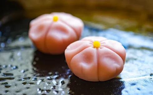Two traditional Japanese sweets on a plate, part of Osaka matcha-making class.