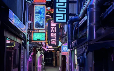Neon-lit alley in Seoul with signs for dining pubs, part of Chimaek night food tour.