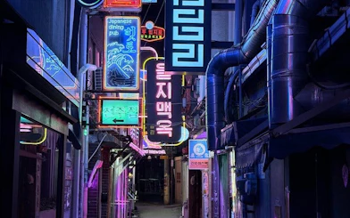 Neon-lit alley in Seoul with signs for dining pubs, part of Chimaek night food tour.