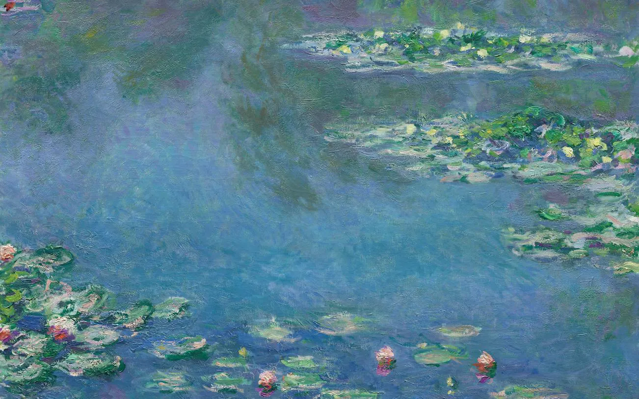 Seurat's "Water Lilies" painting at Art Institute of Chicago, featuring vibrant blue and green hues.