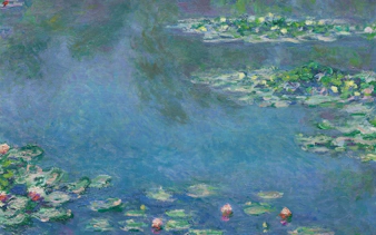 Seurat's "Water Lilies" painting at Art Institute of Chicago, featuring vibrant blue and green hues.