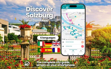 Salzburg walking tour app interface with city landmarks in background.
