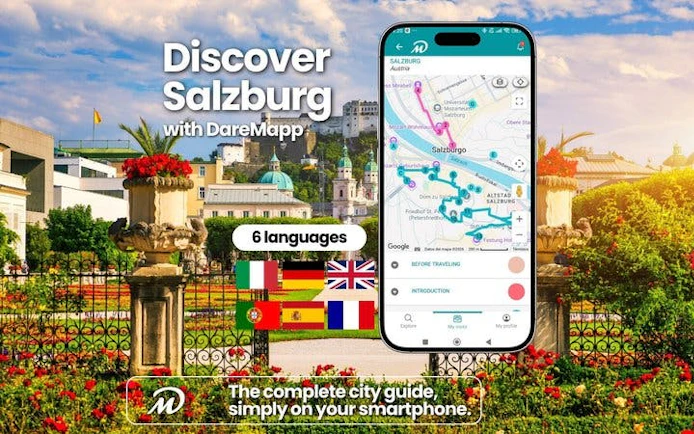 Salzburg walking tour app interface with city landmarks in background.