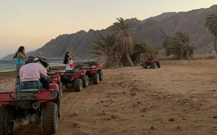 ATV quad tour through desert landscape with palm trees, Sharm El Sheikh.