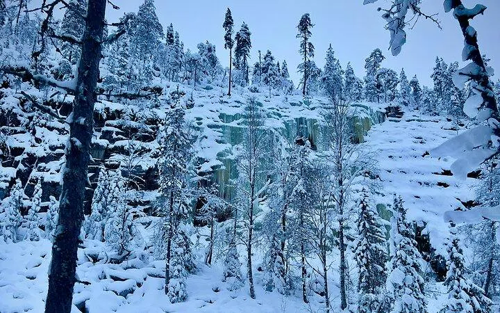 Korouoma Canyon's frozen waterfalls surrounded by snow-covered trees, Rovaniemi hiking tour.