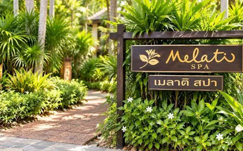 Melati Spa entrance surrounded by lush greenery, Ko Samui.