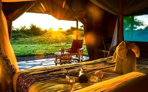 Safari tent interior with bed, towel elephant, and view of Serengeti sunrise, part of 2-day private safari from Zanzibar.
