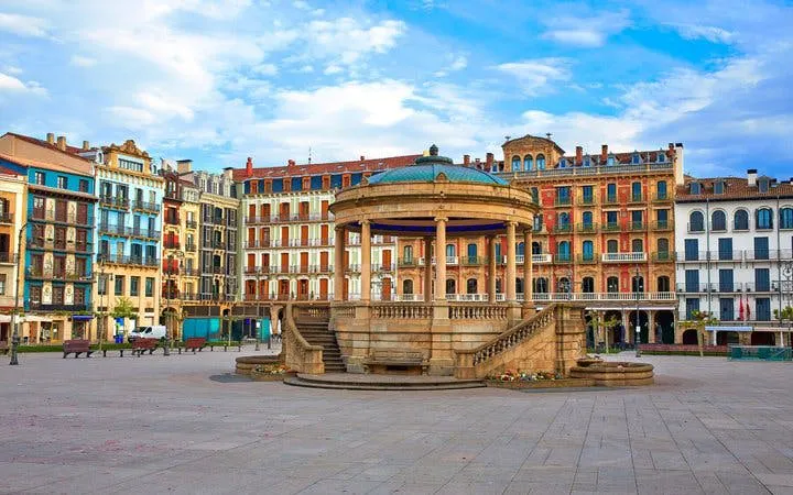 Plaza del Castillo with gazebo in Pamplona, featured on self-guided walking tour app.