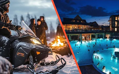 Snowmobile tour in Tatra Mountains with group by campfire; Chocholow Thermal Pools at night.