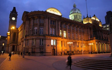 Birmingham Council House illuminated at night during a self-guided haunted city exploration.