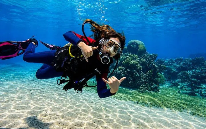 Snorkeler diving near coral reef at Tiran Island, Sharm El-Sheikh.