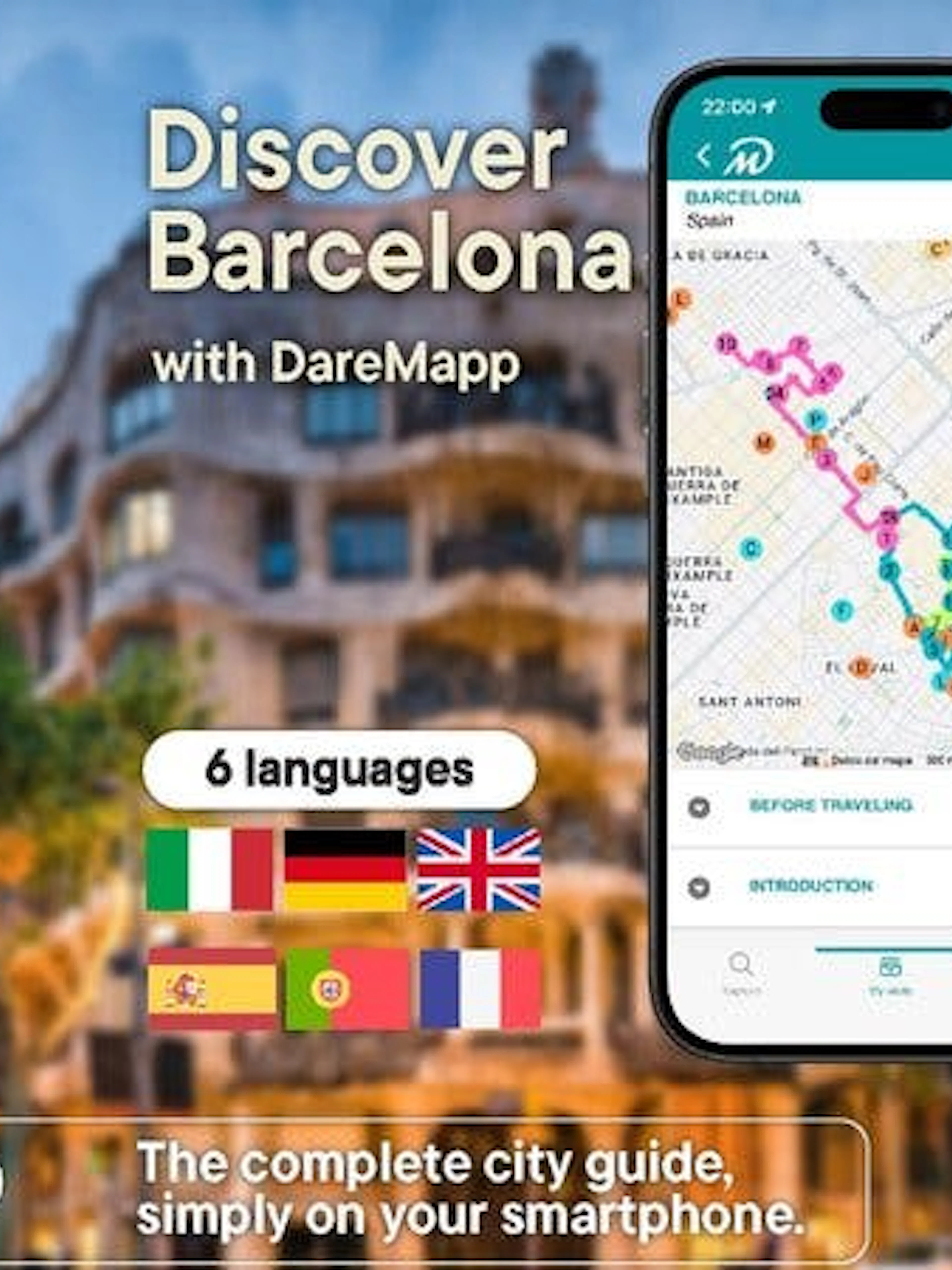 Barcelona walking tour app with map and multilingual options displayed on smartphone.