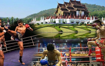 Muay Thai fighters in action at Thapae Stadium, Chiang Mai, with a traditional temple in the background.