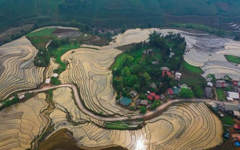 Sapa terraced rice fields with village and winding road, Vietnam.
