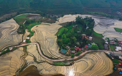 Sapa terraced rice fields with village and winding road, Vietnam.