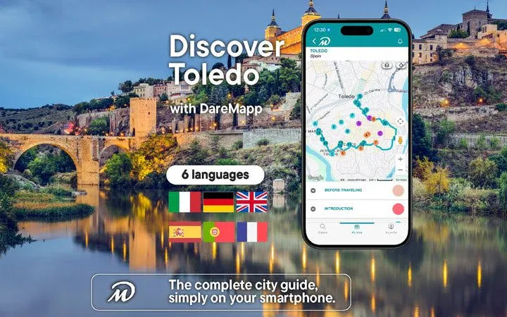 Toledo walking tour app interface with city map and flags for language options.