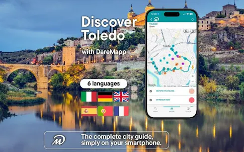 Toledo walking tour app interface with city map and flags for language options.