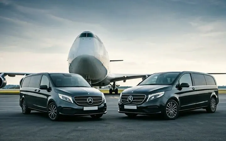 Mercedes vans at Antalya Airport for private transfer service.
