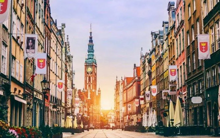 Long Market street with Gdansk Town Hall at sunset, part of Gdansk self-guided audio walking tour.
