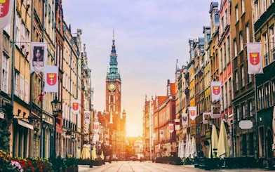 Long Market street with Gdansk Town Hall at sunset, part of Gdansk self-guided audio walking tour.