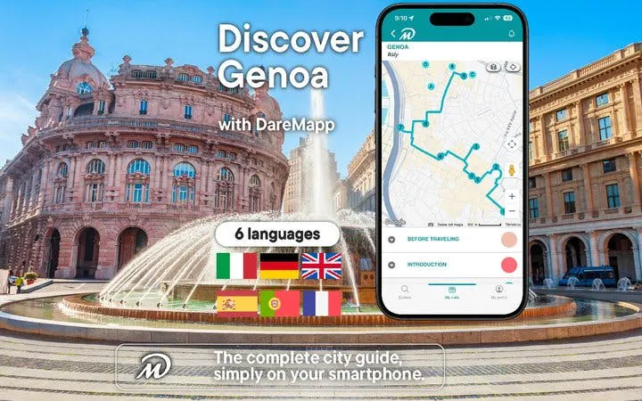 Genoa walking tour app with map and Piazza De Ferrari fountain.