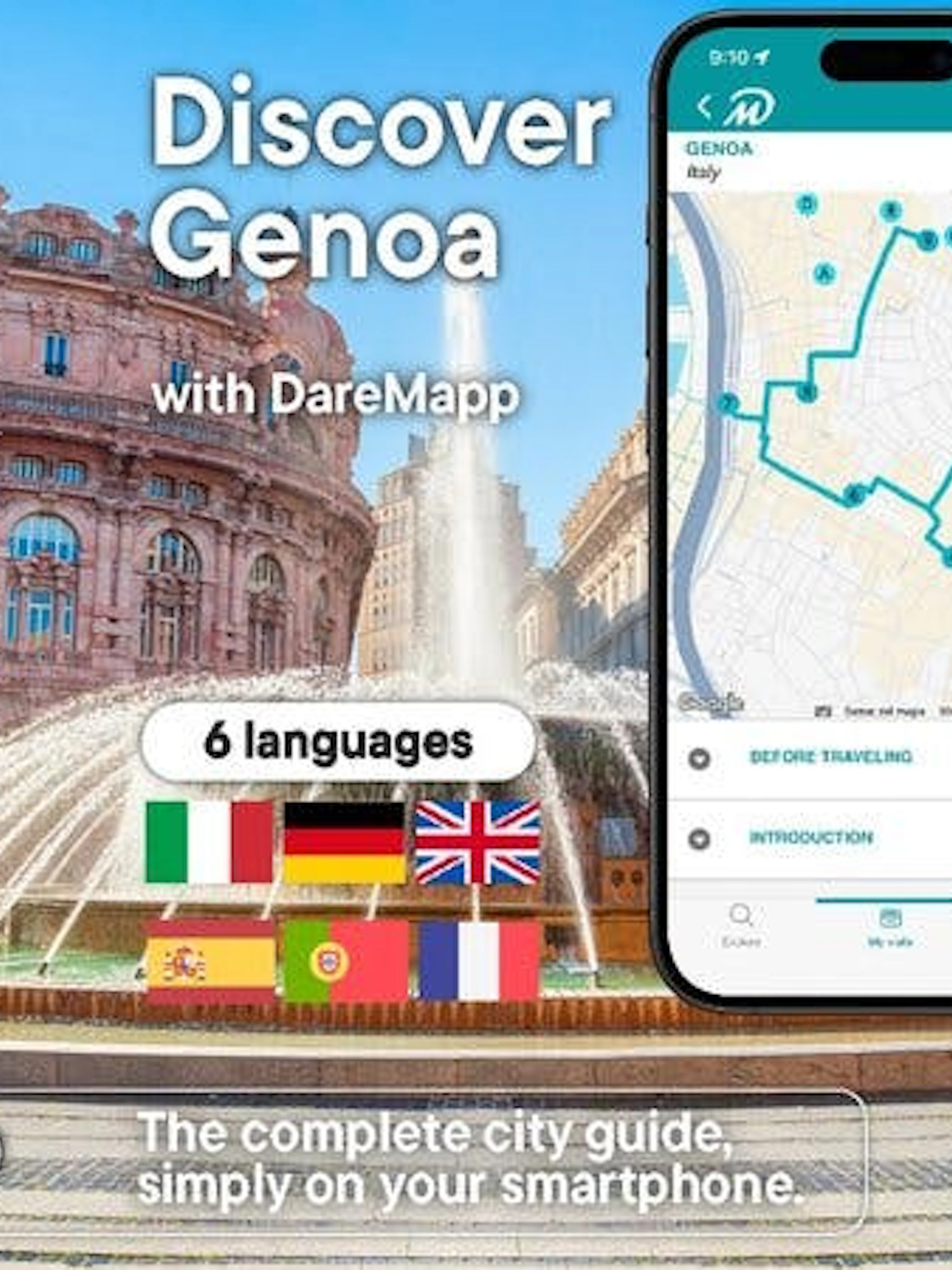 Genoa walking tour app with map and Piazza De Ferrari fountain.