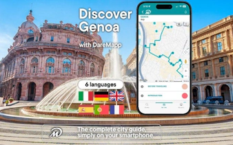 Genoa walking tour app with map and Piazza De Ferrari fountain.