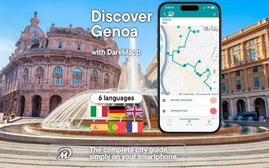 Genoa walking tour app with map and Piazza De Ferrari fountain.