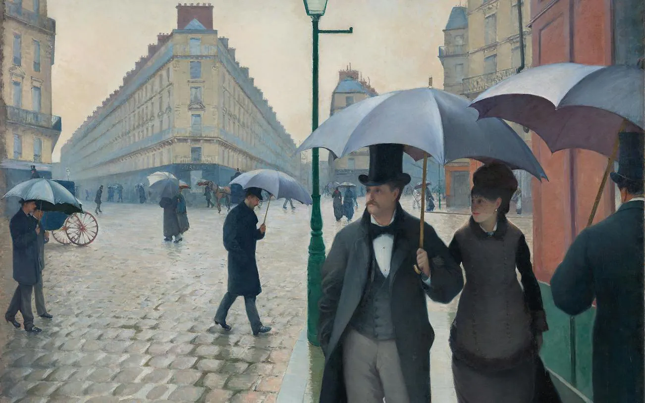 People with umbrellas walking on a rainy Paris street, painting by Gustave Caillebotte at the Art Institute of Chicago.