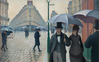 People with umbrellas walking on a rainy Paris street, painting by Gustave Caillebotte at the Art Institute of Chicago.
